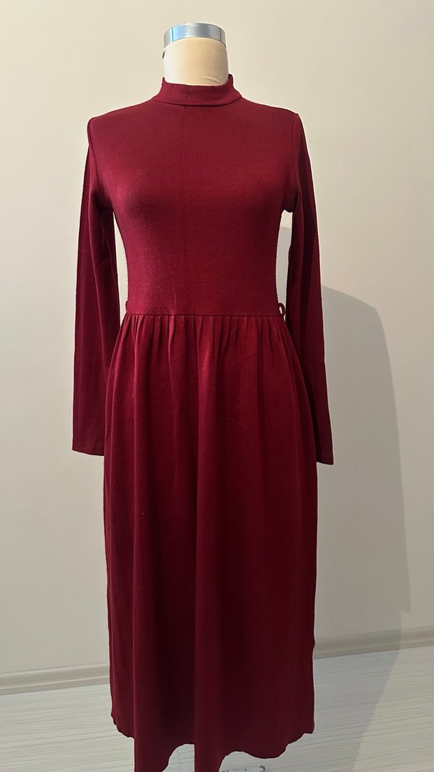 Bordo Yüksek Yaka Uzun Kollu Kadın Elbise - Görsel 4