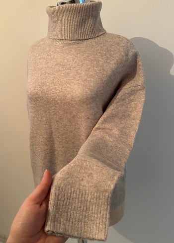 Bej Yün Yüksek Yakalı Kadın Kazak - Görsel 9