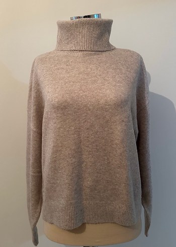 Bej Yün Yüksek Yakalı Kadın Kazak - Görsel 10