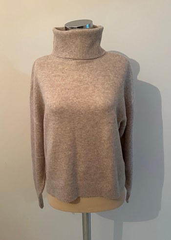 Bej Yün Yüksek Yakalı Kadın Kazak - Görsel 4