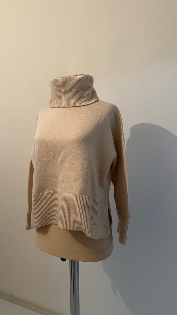 Bej Kadın Yün Boğazlı Örgü Kazak - Görsel 5