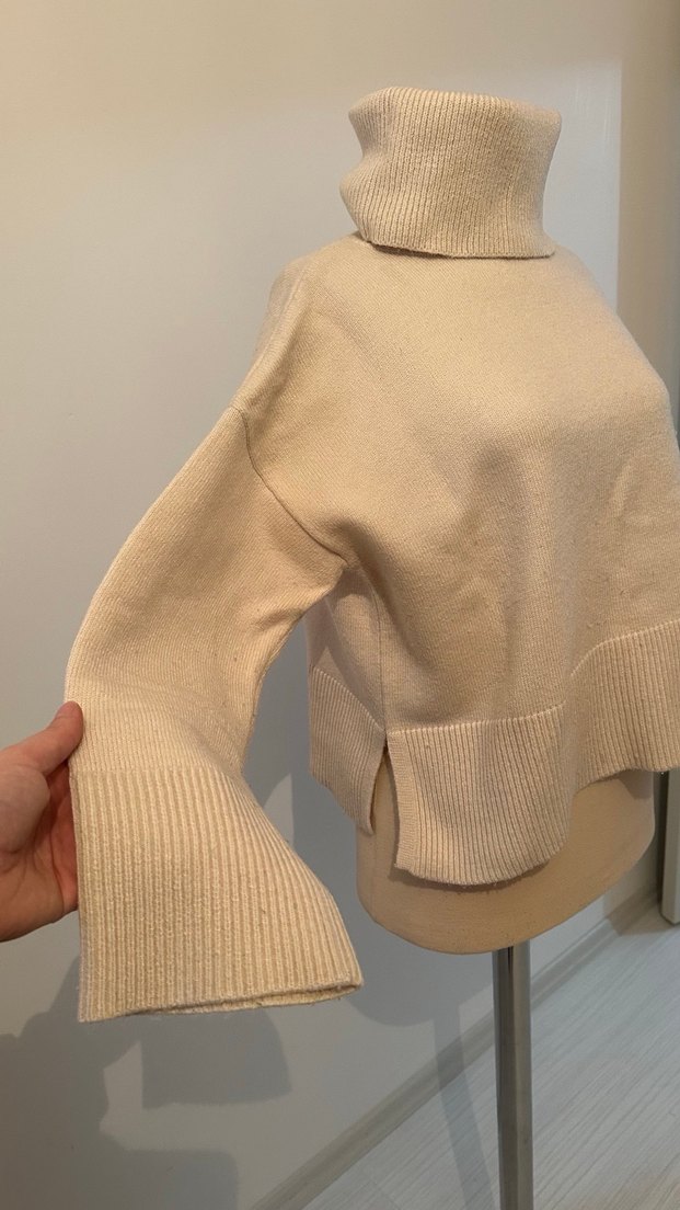 Bej Kadın Yün Boğazlı Örgü Kazak - Görsel 2