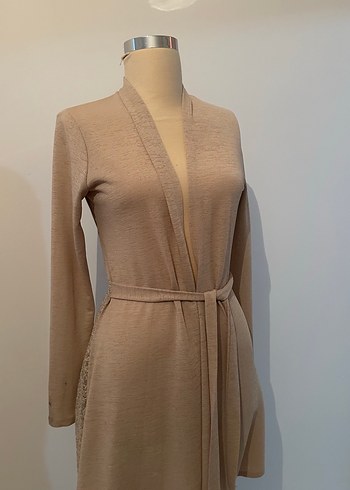 Bej Uzun Kollu Kuşaklı Kadın Hırka - Görsel 5