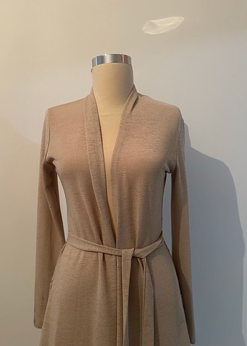 Bej Uzun Kollu Kuşaklı Kadın Hırka - Görsel 4