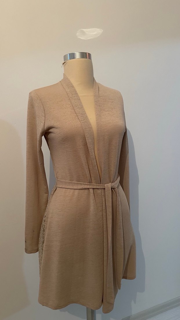 Bej Uzun Kollu Kuşaklı Kadın Hırka - Görsel 5