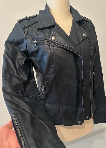 Siyah Deri Biker Ceket Kadın - Görsel 3