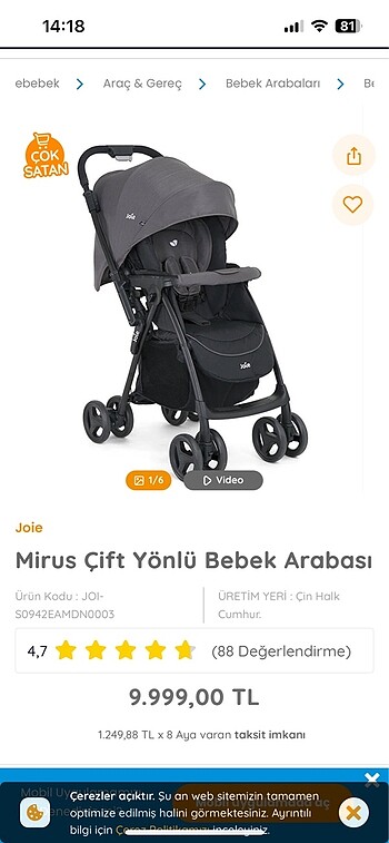 Tertemiz joie marka çift yönlü bebek arabası