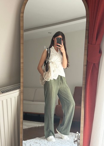Zara Bol Kesim Keten Midi Pantolon - Haki