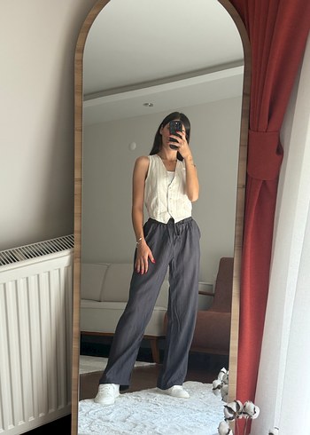 Zara Gri Bağlama Desenli Rahat Kesim Keten Pantolon
