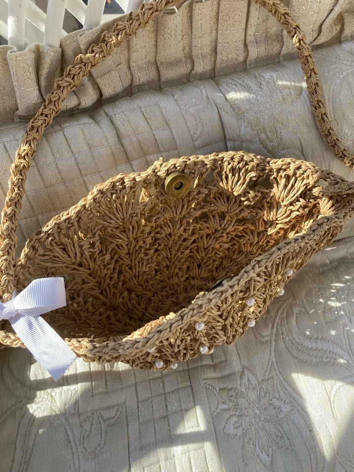 İnci Detaylı Bej Örgü hasır çocuk çantası - Görsel 2