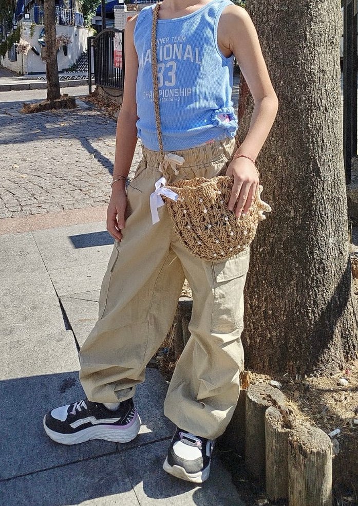 İnci Detaylı Bej Örgü hasır çocuk çantası - Görsel 4