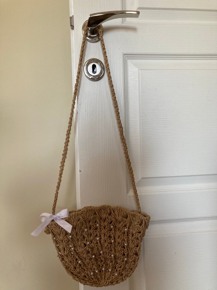 İnci Detaylı Bej Örgü hasır çocuk çantası - Görsel 3
