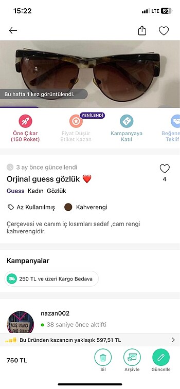  Beden kahverengi Renk Guess gozluk