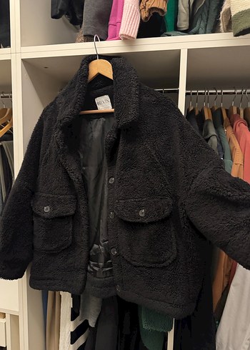 Siyah Peluş Kadın Midi Mont