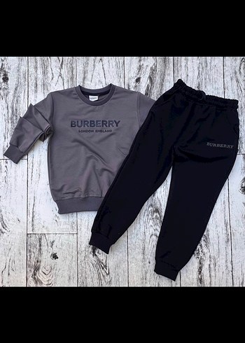 Erkek Çocuk gri burberry Baskılı Sweatshirt ve siyah Eşofman alt