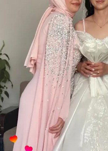 l Beden Pembe Uzun Kollu İşlemeli Abiye Elbise