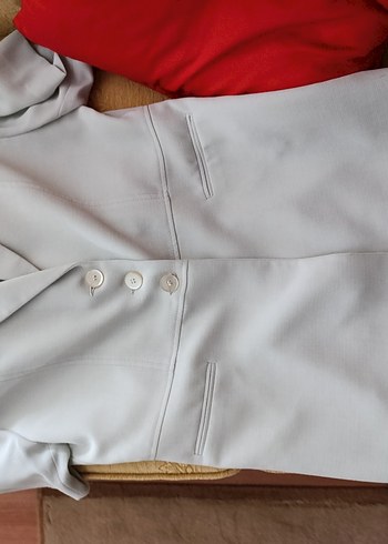 42 Beden Kadın Beyaz Kısa Kollu Keten Blazer ceket ve etek