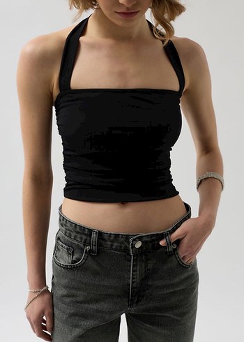 s Beden siyah Renk Siyah Halter Yaka Kadın Crop Top