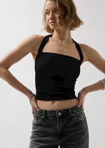 s Beden Siyah Halter Yaka Kadın Crop Top