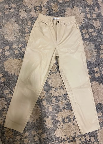 Zara Krem Rengi Deri Yuksek Bel Pantolon