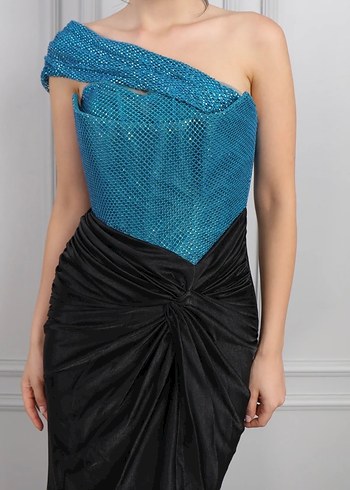 Asimetrik Straplez Uzun Abiye Elbise - Görsel 2