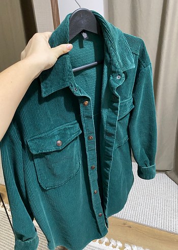 Düğmeli Turkuaz Kadife Gömlek - Görsel 5