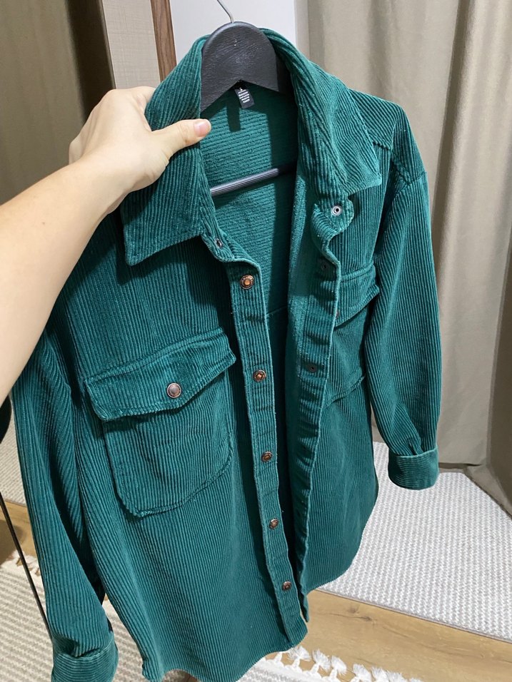 Düğmeli Turkuaz Kadife Gömlek - Görsel 5