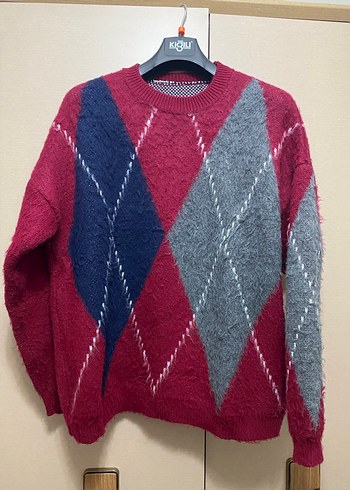 Bordo Gri Desenli Kadın Triko Kazak - Görsel 2