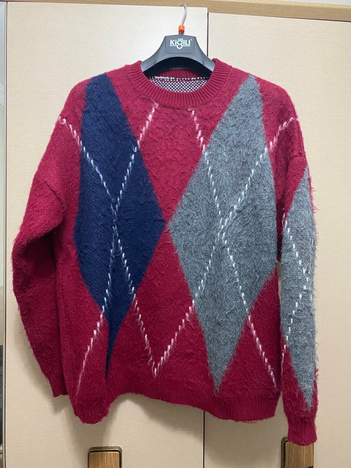 Bordo Gri Desenli Kadın Triko Kazak - Görsel 2