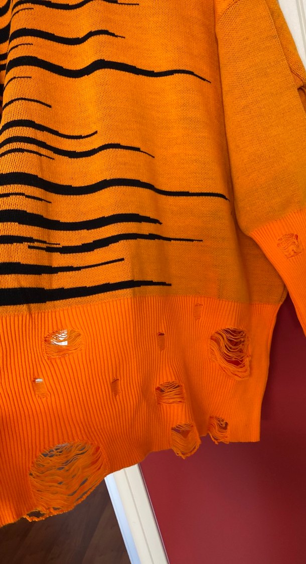 Turuncu Zebra Desenli Oversize Triko Kazak - Görsel 3