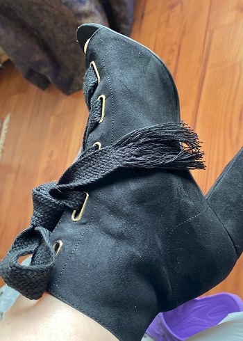 Siyah süet Kalın Bağcıklı kadın Ayakkabısı - Görsel 2