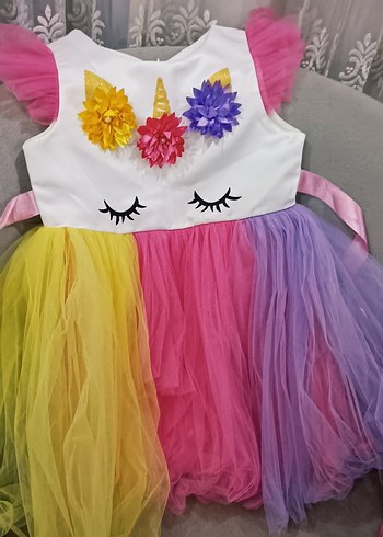 Çok Renkli Kız Çocuk Unicorn Elbise - Görsel 2
