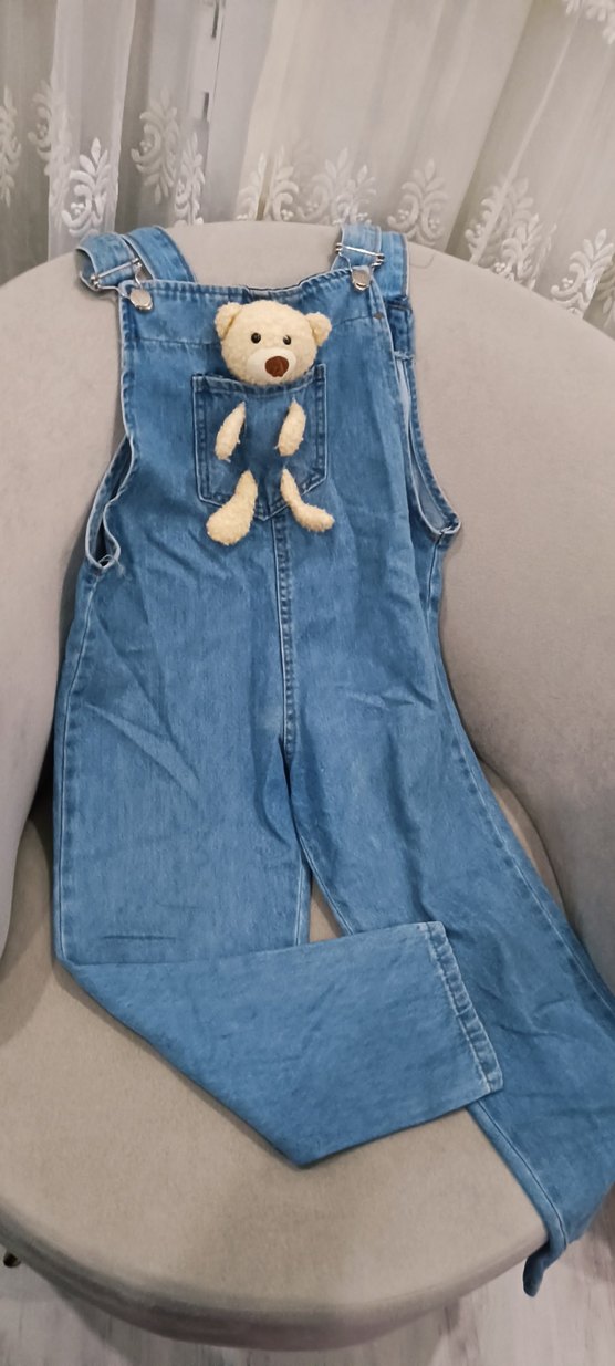 Nakışlı Ayıcık Detaylı Kız Kot Tulum - Görsel 2