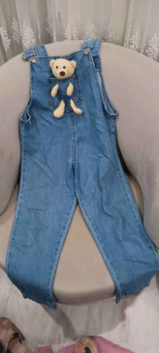 Nakışlı Ayıcık Detaylı Kız Kot Tulum - Görsel 3