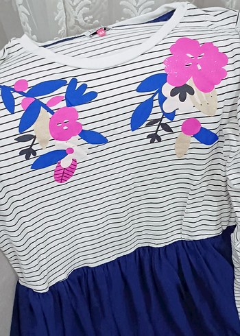 Çiçek Nakışlı Mavi Uzun Kollu Kız Elbisesi - Görsel 2