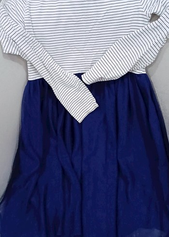 Çiçek Nakışlı Mavi Uzun Kollu Kız Elbisesi - Görsel 4