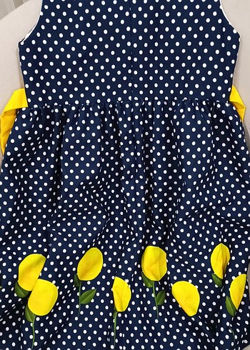 Sarı Kuşaklı Puantiyeli Kız Elbise - Görsel 3