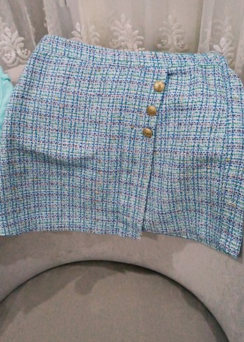 Düğmeli Mavi Mini  Etek - Görsel 3