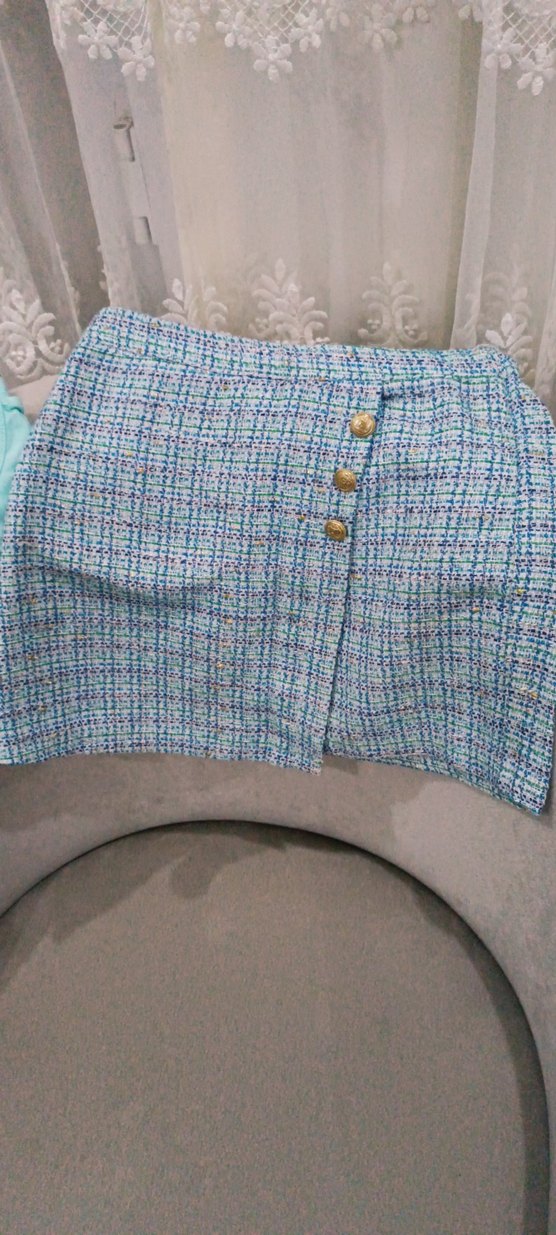 Düğmeli Mavi Mini  Etek - Görsel 3