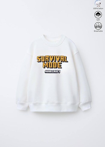 Minecraft Baskılı Beyaz Sweatshirt