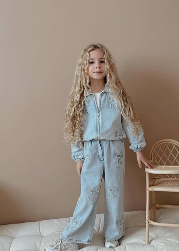 Kızlar için Dantel Detaylı Mavi Denim Takım - Görsel 2