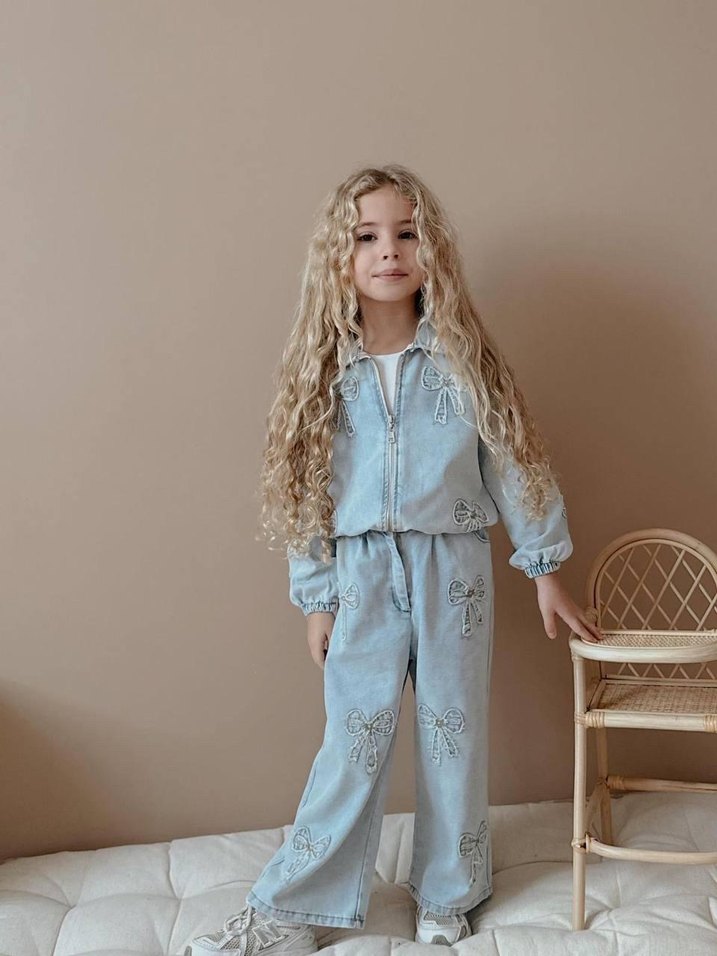 Kızlar için Dantel Detaylı Mavi Denim Takım - Görsel 2