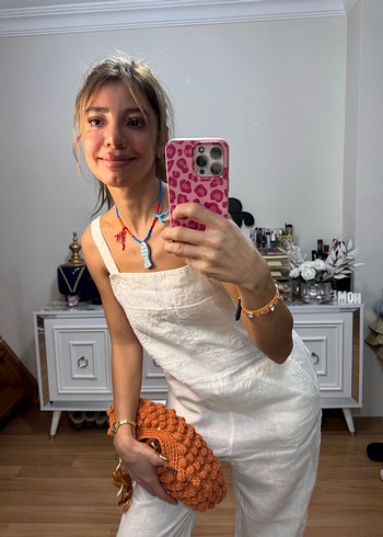 Kadın Beyaz Keten Midi Tulum - Görsel 4