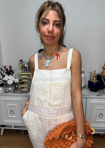 Kadın Beyaz Keten Midi Tulum - Görsel 3