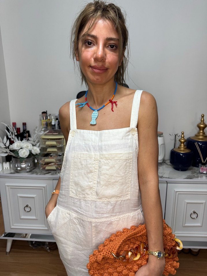 Kadın Beyaz Keten Midi Tulum - Görsel 3