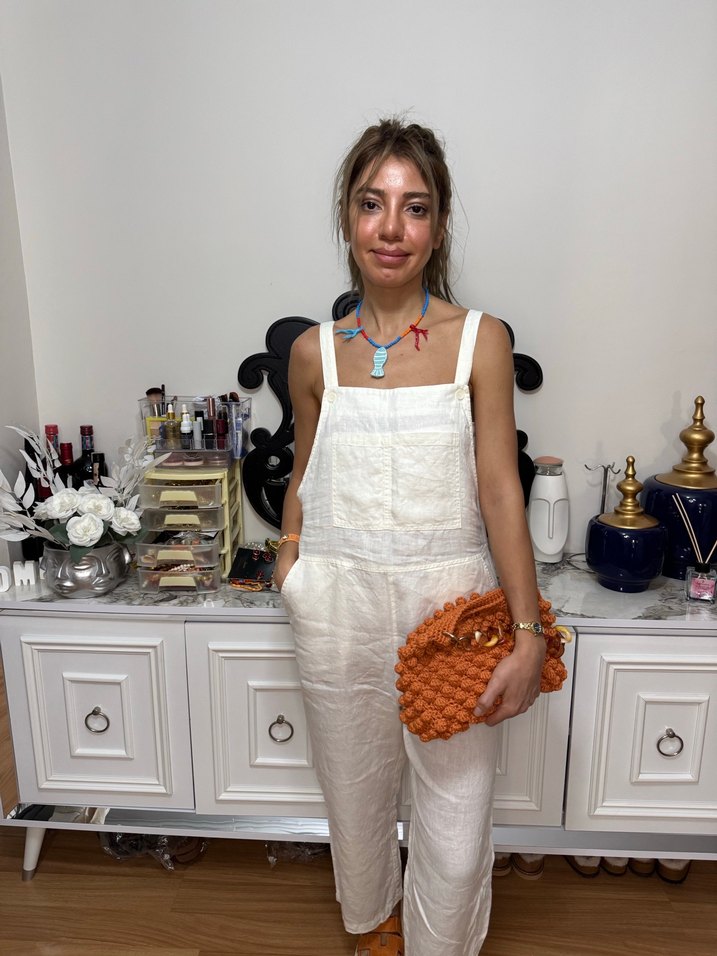 Kadın Beyaz Keten Midi Tulum - Görsel 2