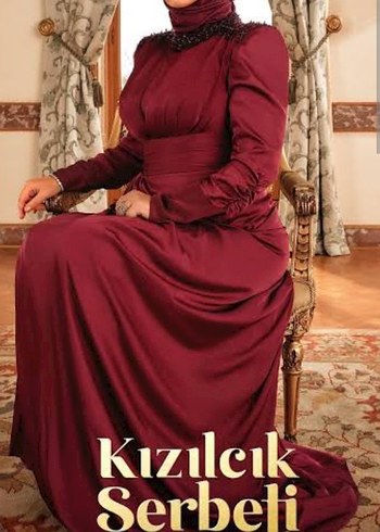 Bordo Uzun Kollu Drapeli Abiye Elbise