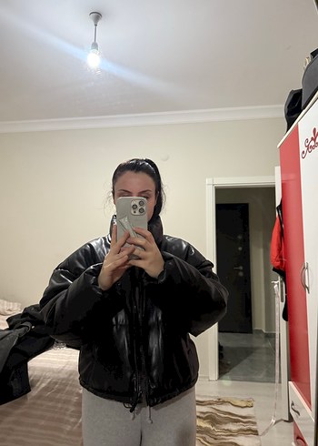 Siyah h&m Deri Puff Kısa Kadın Mont - Görsel 5