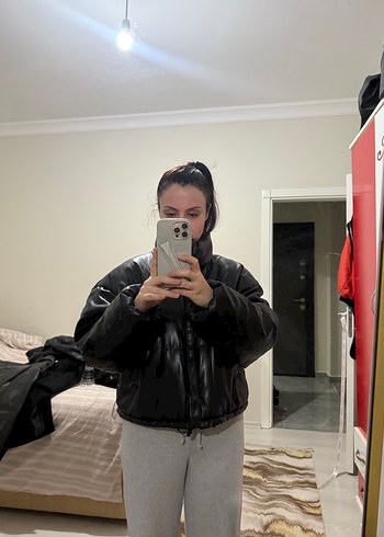 Siyah h&m Deri Puff Kısa Kadın Mont - Görsel 4