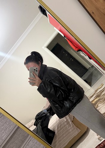 Siyah h&m Deri Puff Kısa Kadın Mont - Görsel 6